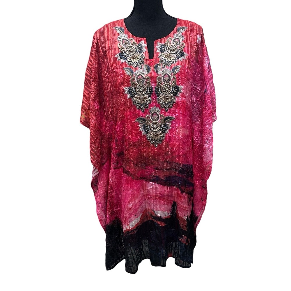 SOFT‎ SURROUNDINGS La Luna Red Print Embroidered Kaftan Two Piece Dress Size S/M